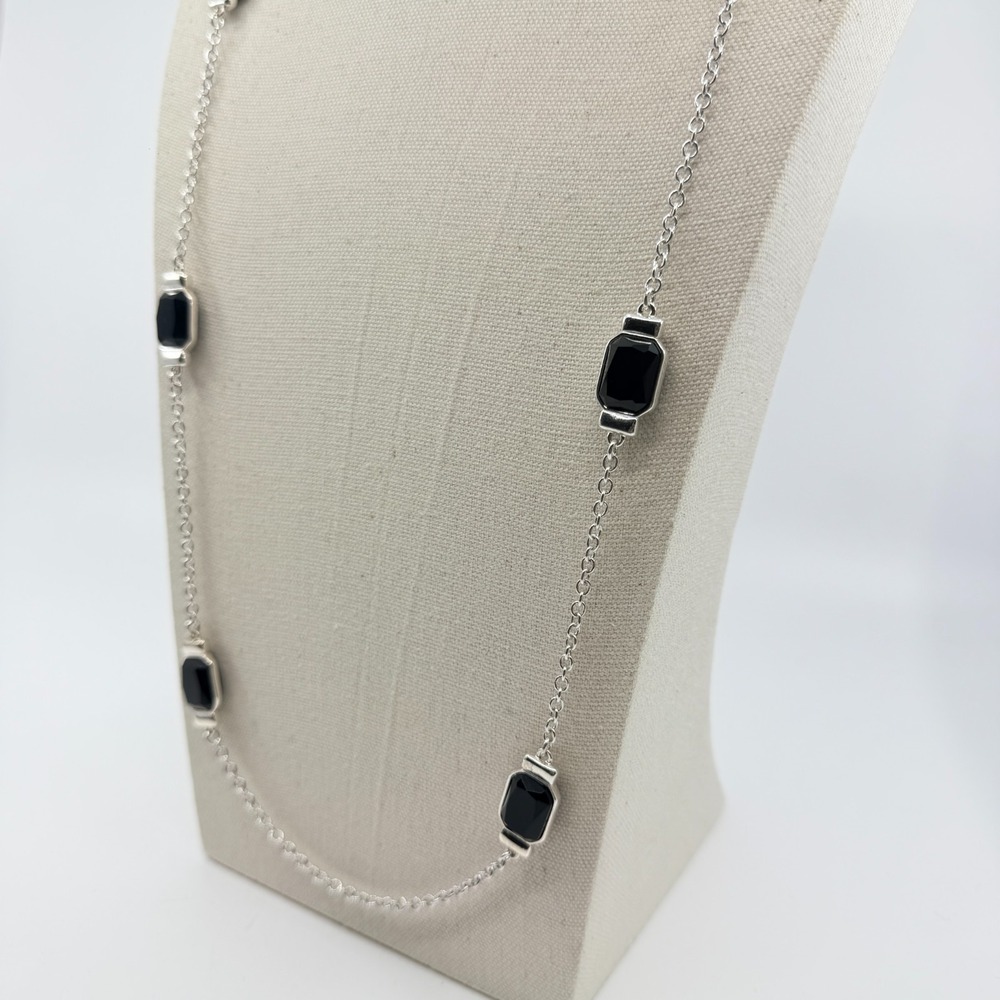 Vintage Silver Tone Station Necklace with Black Rectangular Stones - Picture 6 of 11